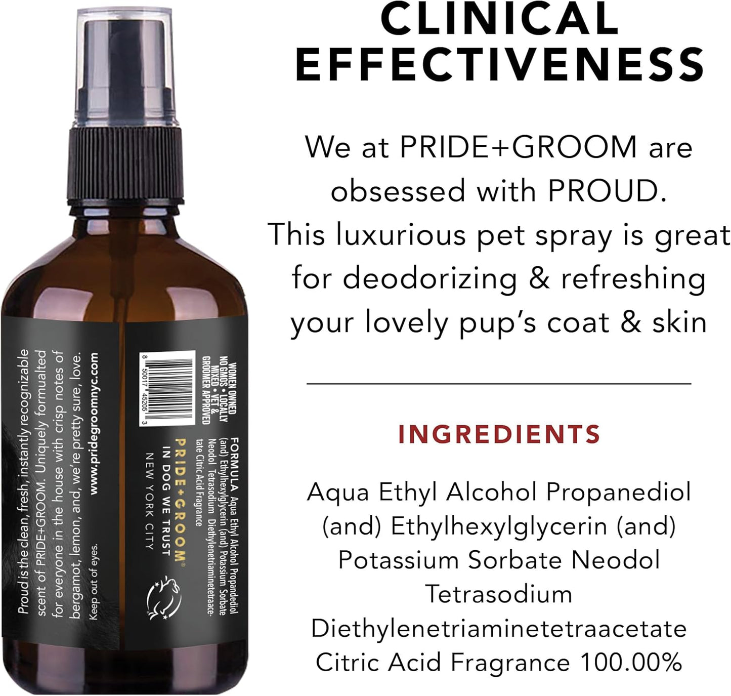 Pride and Groom dog grooming spray held by hand for scale
