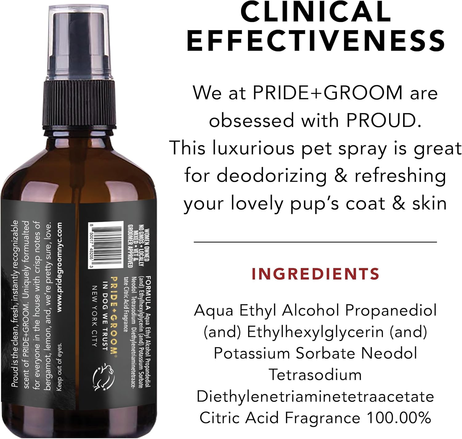 Pride and Groom dog grooming spray held by hand for scale