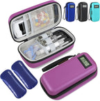 Medineed insulin cooler travel case purple front view showing digital temperature display screen