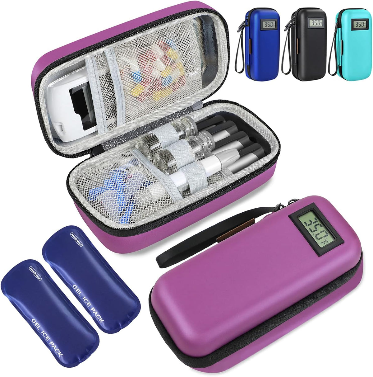Medineed insulin cooler travel case purple front view showing digital temperature display screen