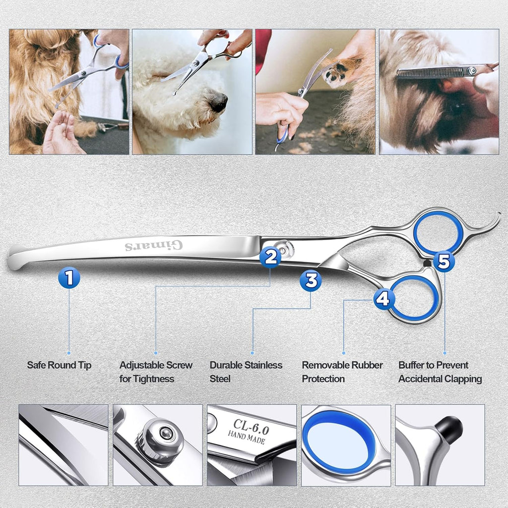 Gimars premium dog trimming kit including straight scissors and curved shears for precision coat styling