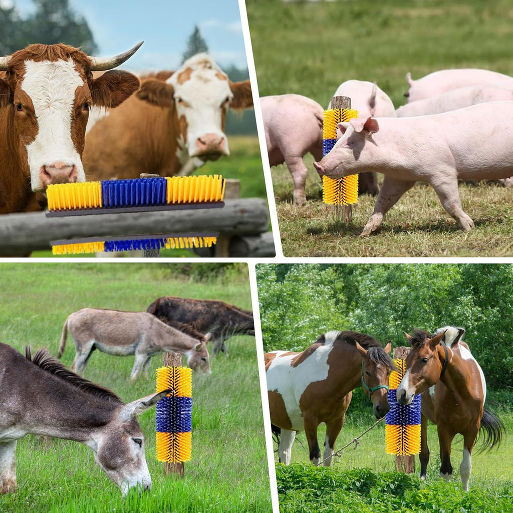 Side profile of yellow livestock scratch brush for farm use