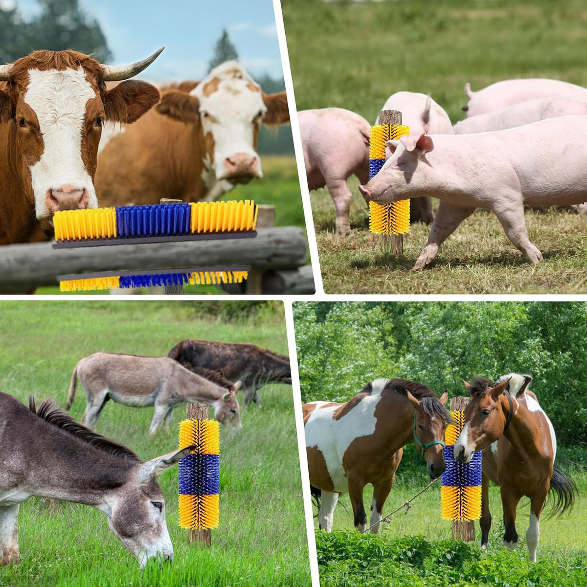 Side profile of yellow livestock scratch brush for farm use