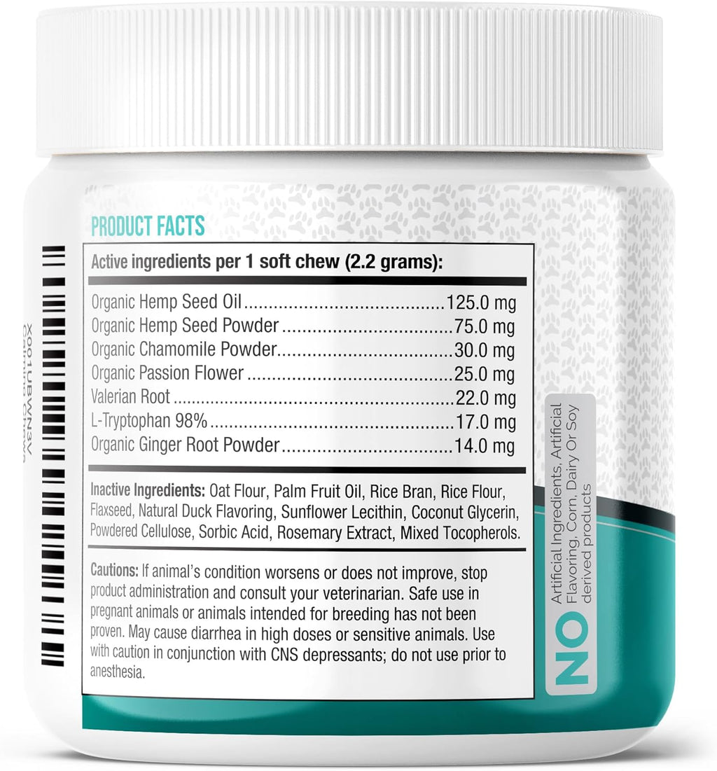 Premium Care dog anxiety relief treats supplement facts label