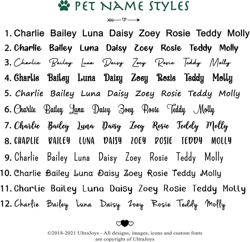 Ultra Joys Engraved Heart Tag packaging detailing the custom font options for buyers