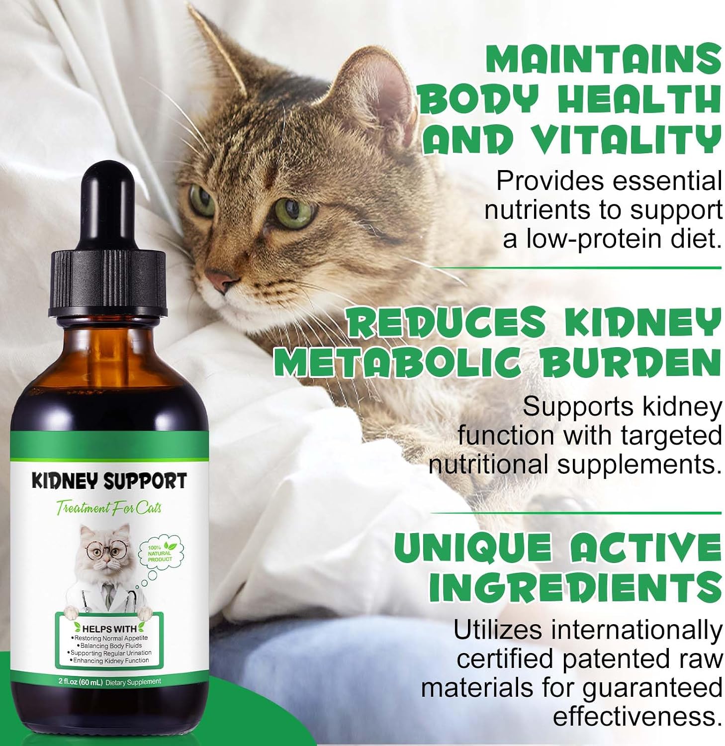 Premium imported USA cat kidney supplement with glass dropper mechanism