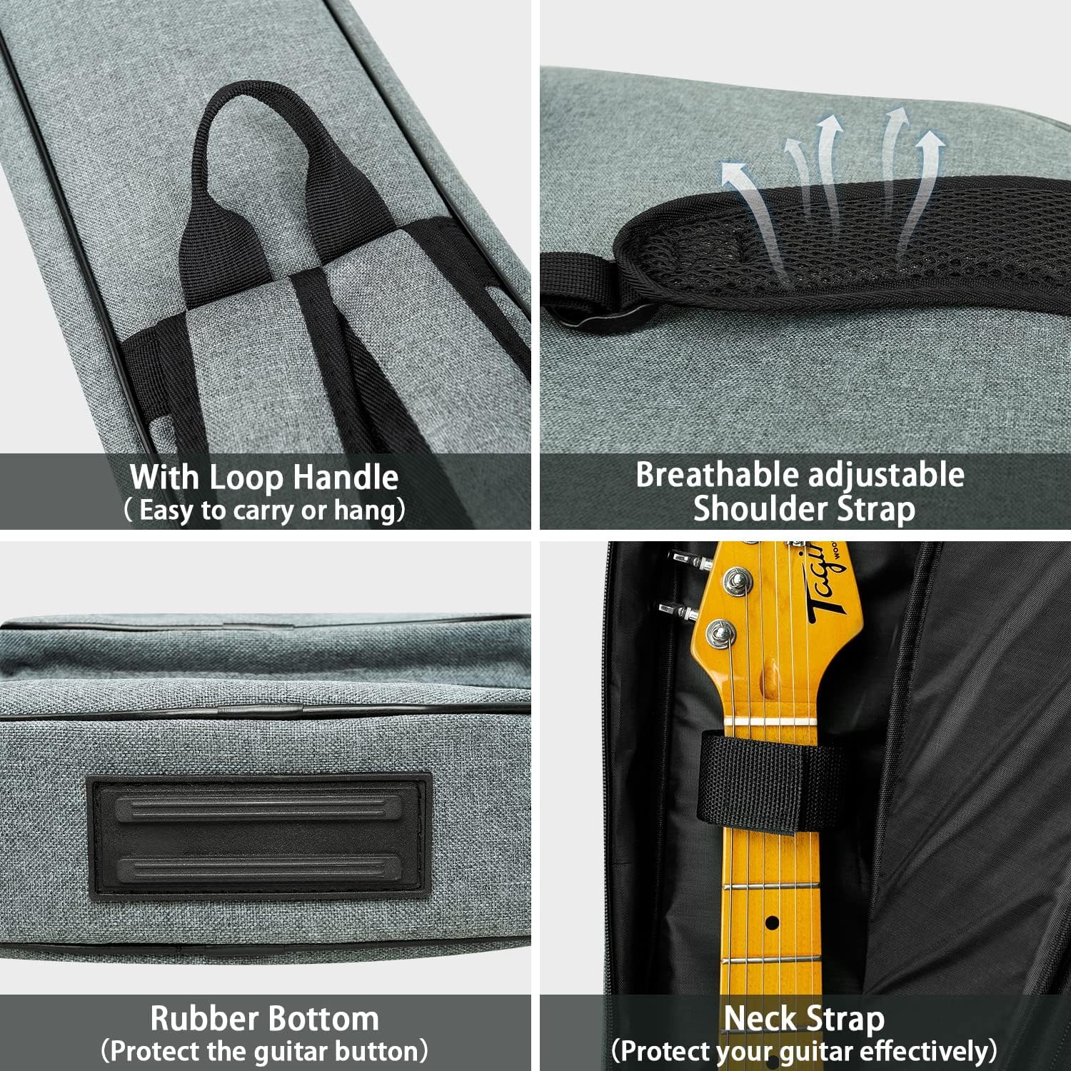 MUZNOTE electric guitar backpack focusing on the shockproof rubber bottom base.