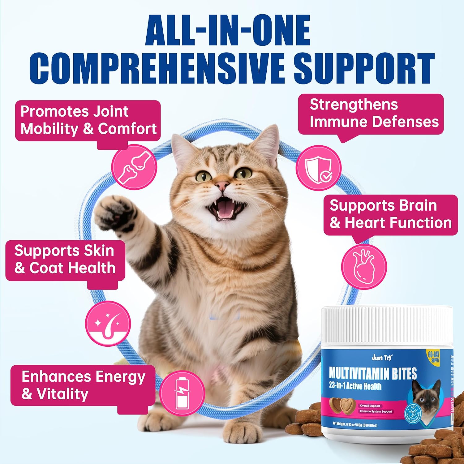 Just Try Omega 3 and Biotin cat chews bottle back label with ingredient facts.