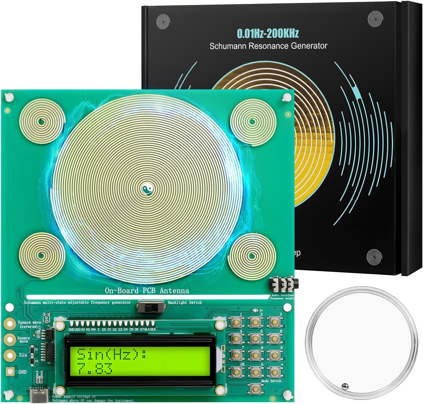 XIKDS Schumann resonance frequency generator front view with digital LCD display screen.