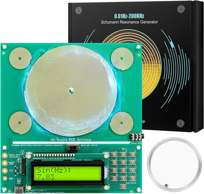 XIKDS Schumann resonance frequency generator front view with digital LCD display screen.