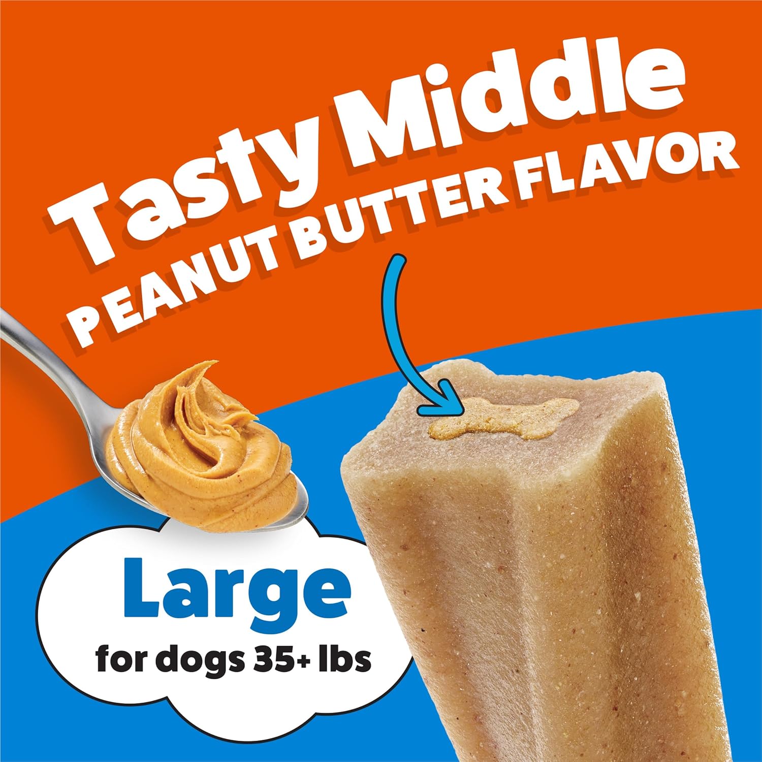 Back label of Purina Busy Bone Peanut Butter Pouch listing official ingredients and feeding guidelines.