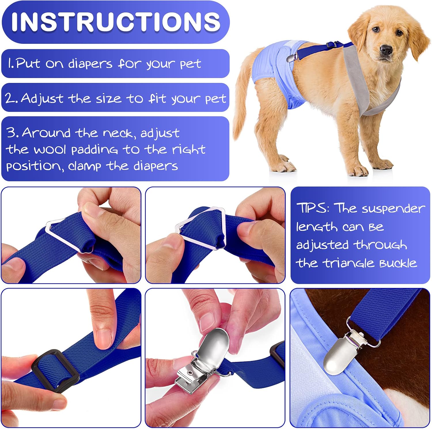 Two pack pet diaper fasteners showing dual attachment styling methods