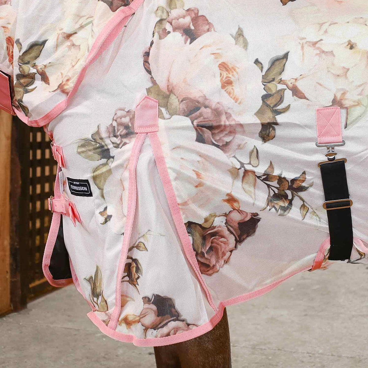 Jeffers Rose Garden pattern horse fly sheet showing attached neck cover detail