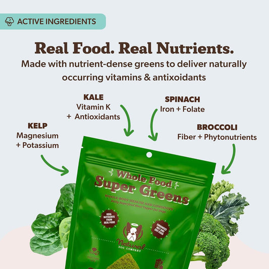 Natural Dog Company dog multivitamin powder packaging highlighting immune support benefits