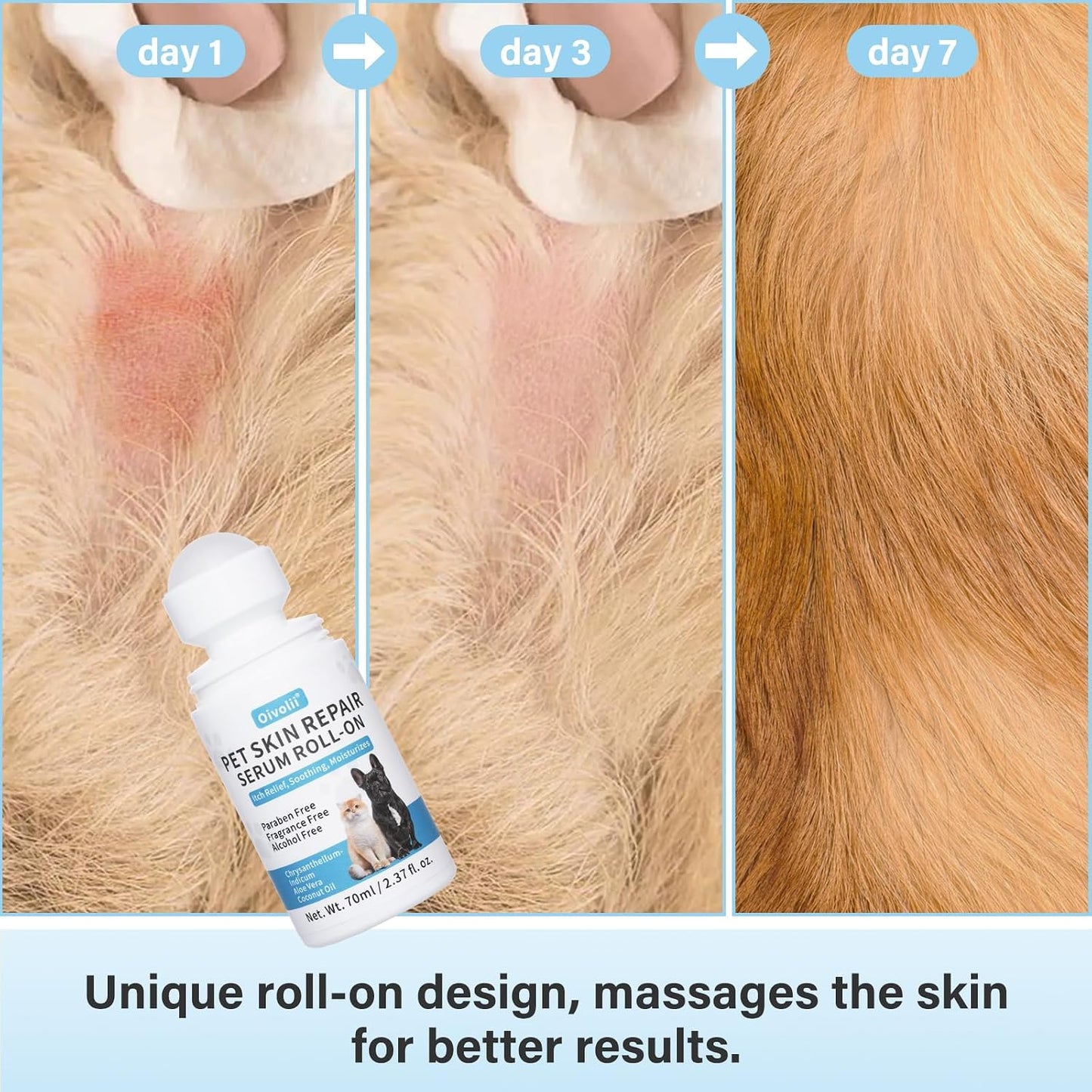 Oivolii pet skin repair roll on being applied gently to a dog's dry skin patch.