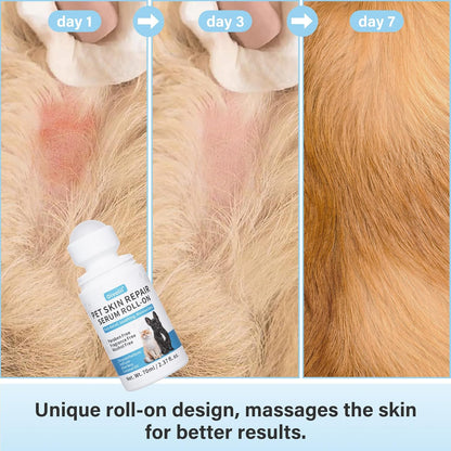 Oivolii pet skin repair roll on being applied gently to a dog's dry skin patch.