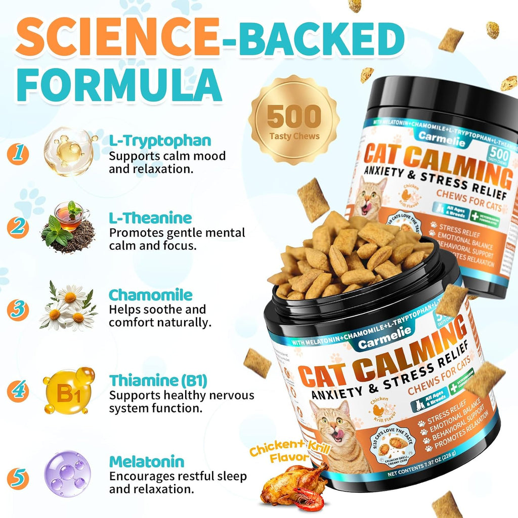 Side view of Carmelie cat calming chew canister highlighting ingredients and feeding guidelines
