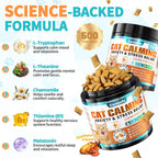 Side view of Carmelie cat calming chew canister highlighting ingredients and feeding guidelines