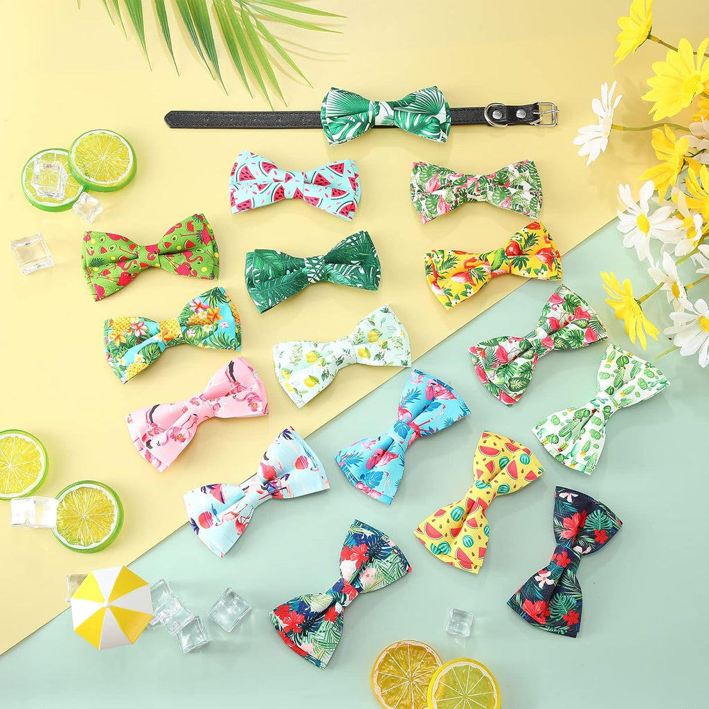 Assorted tropical leaf and fruit pattern pet wardrobe accessories packed together.