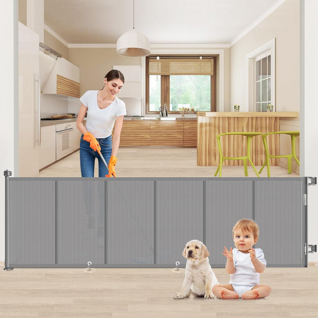 EZIGO retractable baby gate front view installed in wide hallway