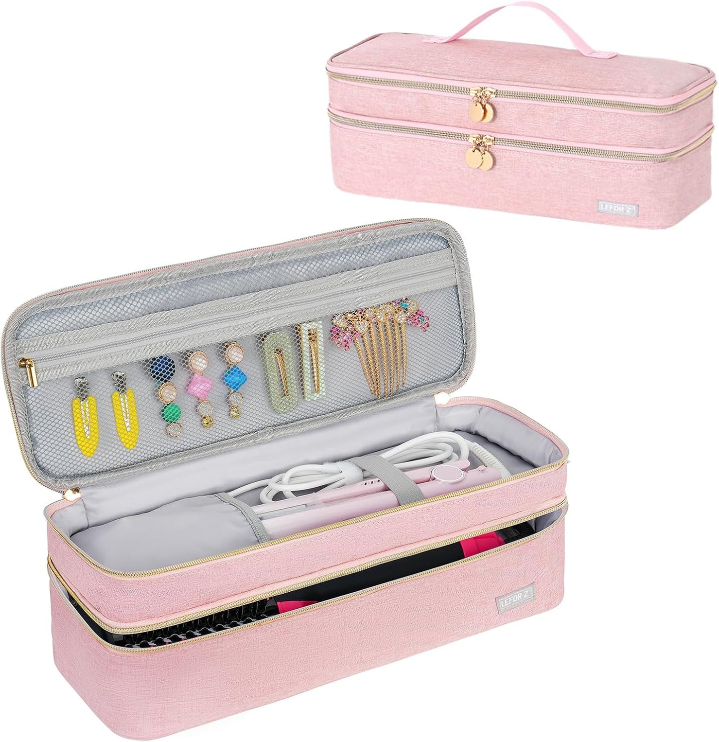 LEFOR Z double layer travel carrying case front view in pink