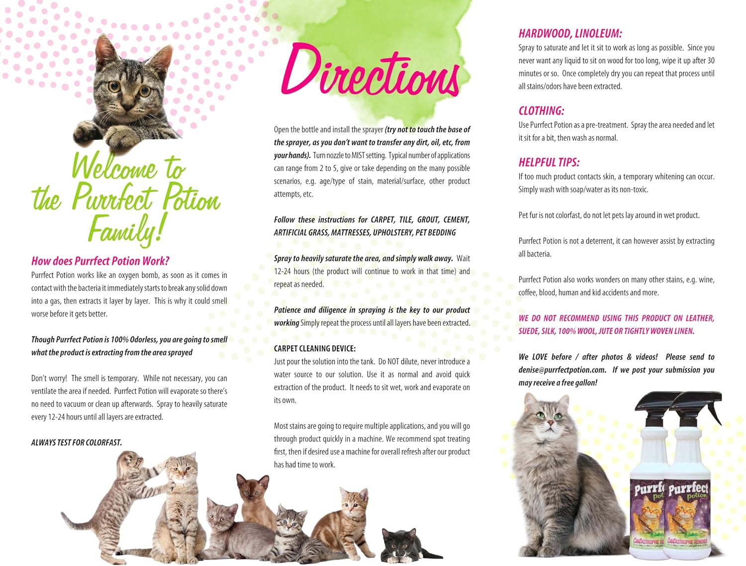 Back label view of Purrfect Potion CATastrophe Remover outlining ingredients and safety guidelines.