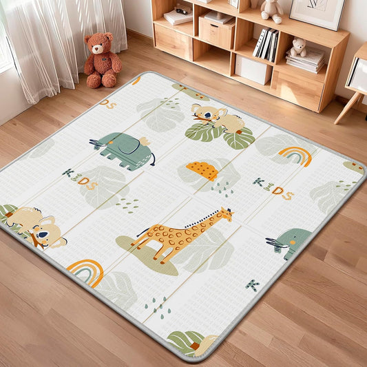 Piglog foldable baby play mat front view featuring giraffe and elephant design