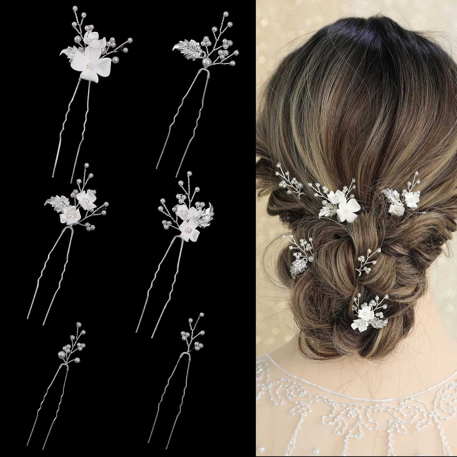 SELFCLOUD handmade pearl bridal hair pins front view featuring white fabric flowers