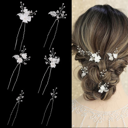 SELFCLOUD handmade pearl bridal hair pins front view featuring white fabric flowers