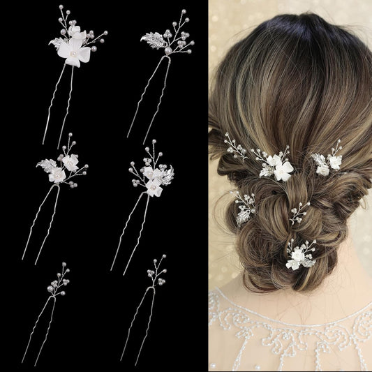 SELFCLOUD handmade pearl bridal hair pins front view featuring white fabric flowers