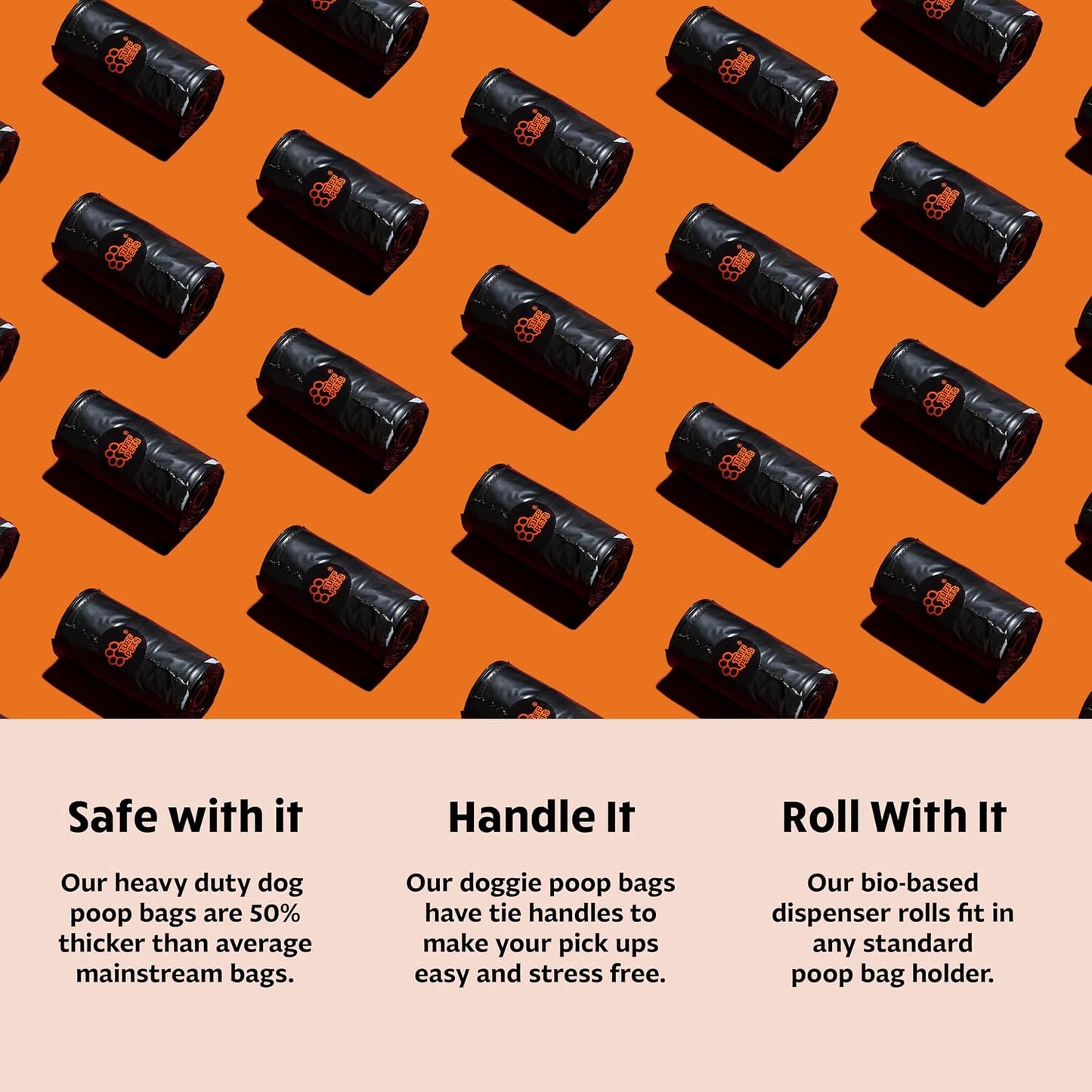 Sixteen rolls of black heavy duty pet waste bags arranged neatly outside the packaging.