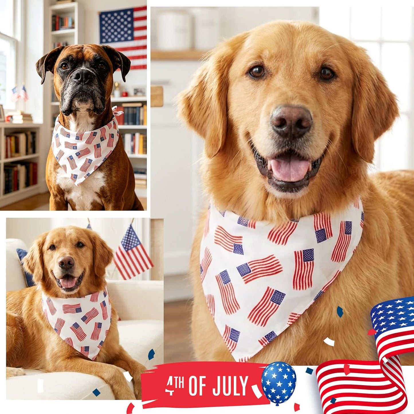 Close up of American flag and ice cream pattern dog neck scarf.