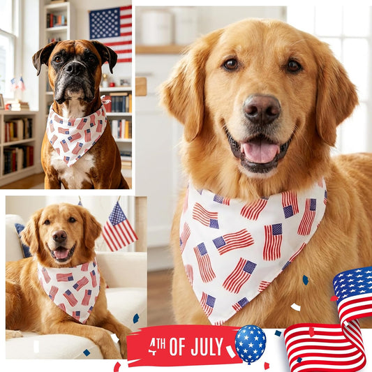 Close up of American flag and ice cream pattern dog neck scarf.