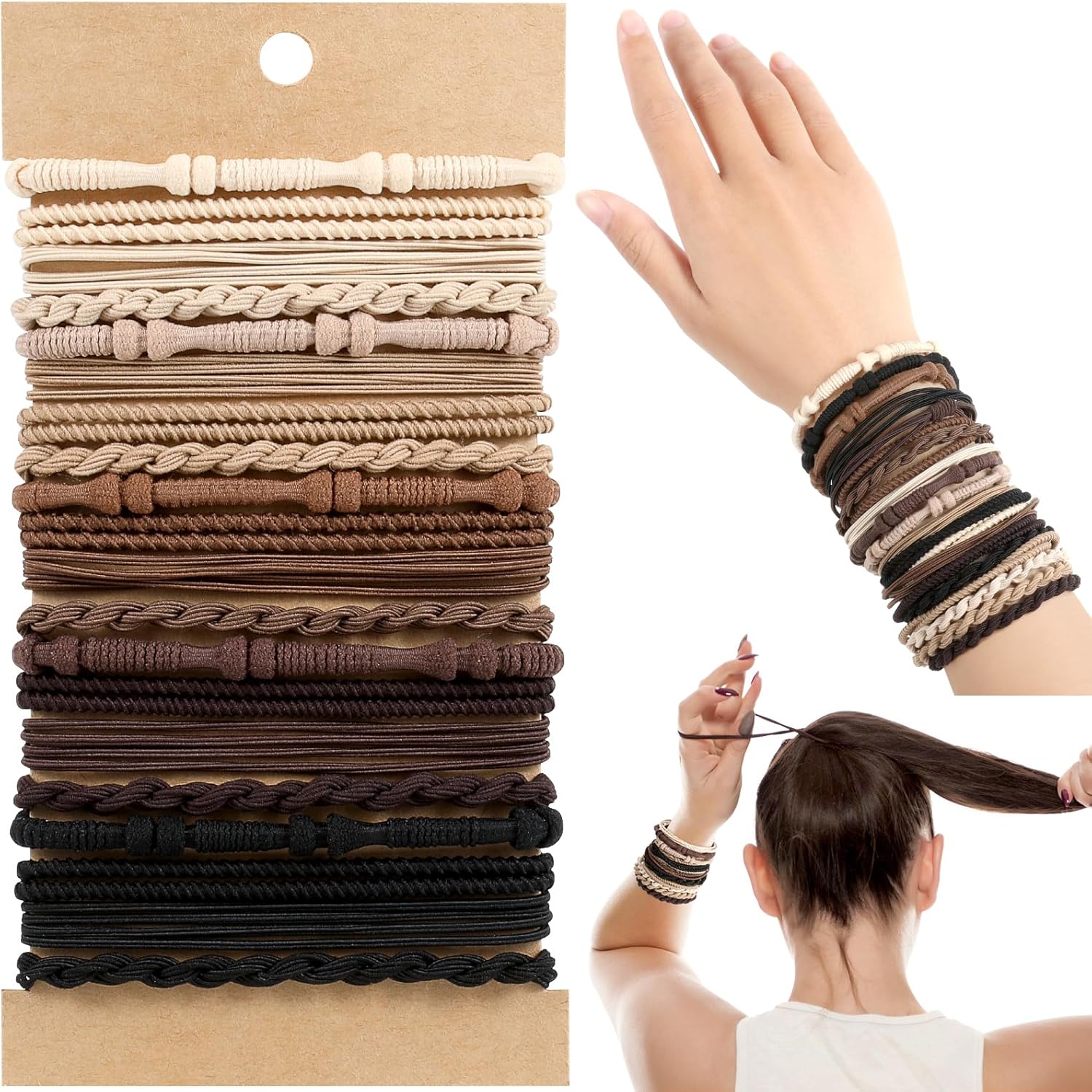 SYGY Boho Hair Ties front view of twenty piece collection in brown shades