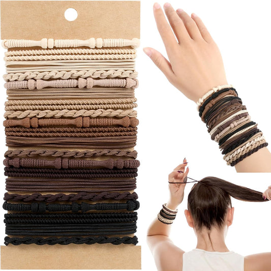 SYGY Boho Hair Ties front view of twenty piece collection in brown shades