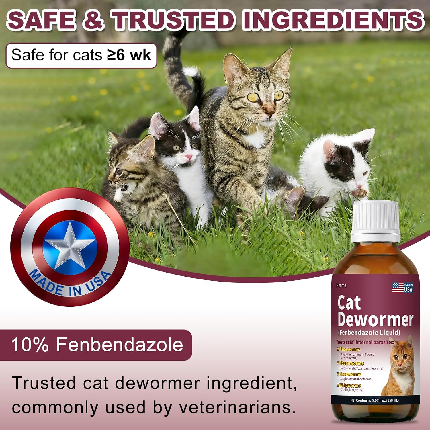 USA imported Netrca fenbendazole liquid dewormer for cats targeting roundworms and tapeworms