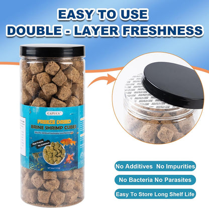 Capuca brine shrimp cubes being fed to tropical and marine aquarium fish