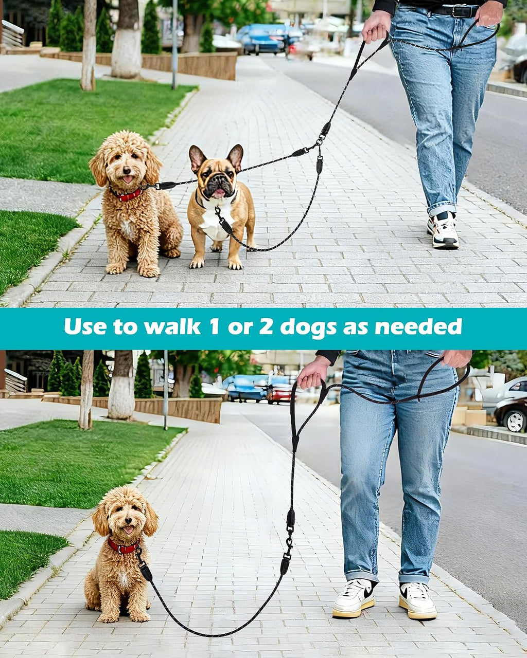 PetBonus black rope leash for two small medium dogs eleven to fifty five pounds