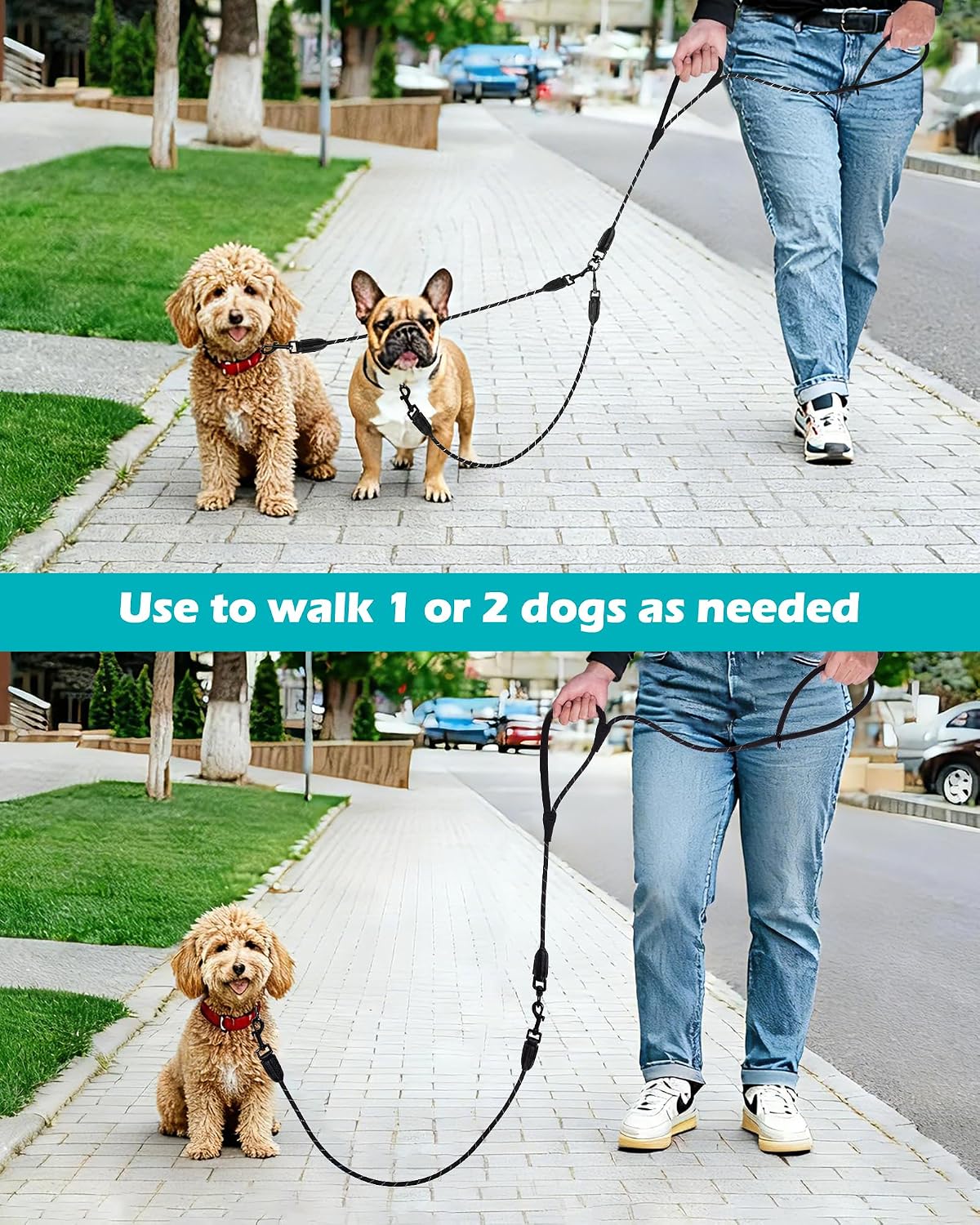 PetBonus black rope leash for two small medium dogs eleven to fifty five pounds