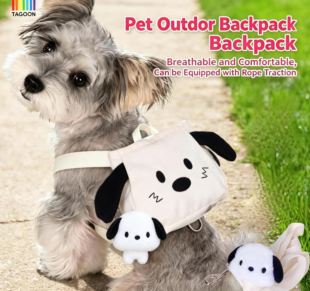 Cute cartoon turtle shape pet backpack carrier being worn by a medium sized dog during a walk.