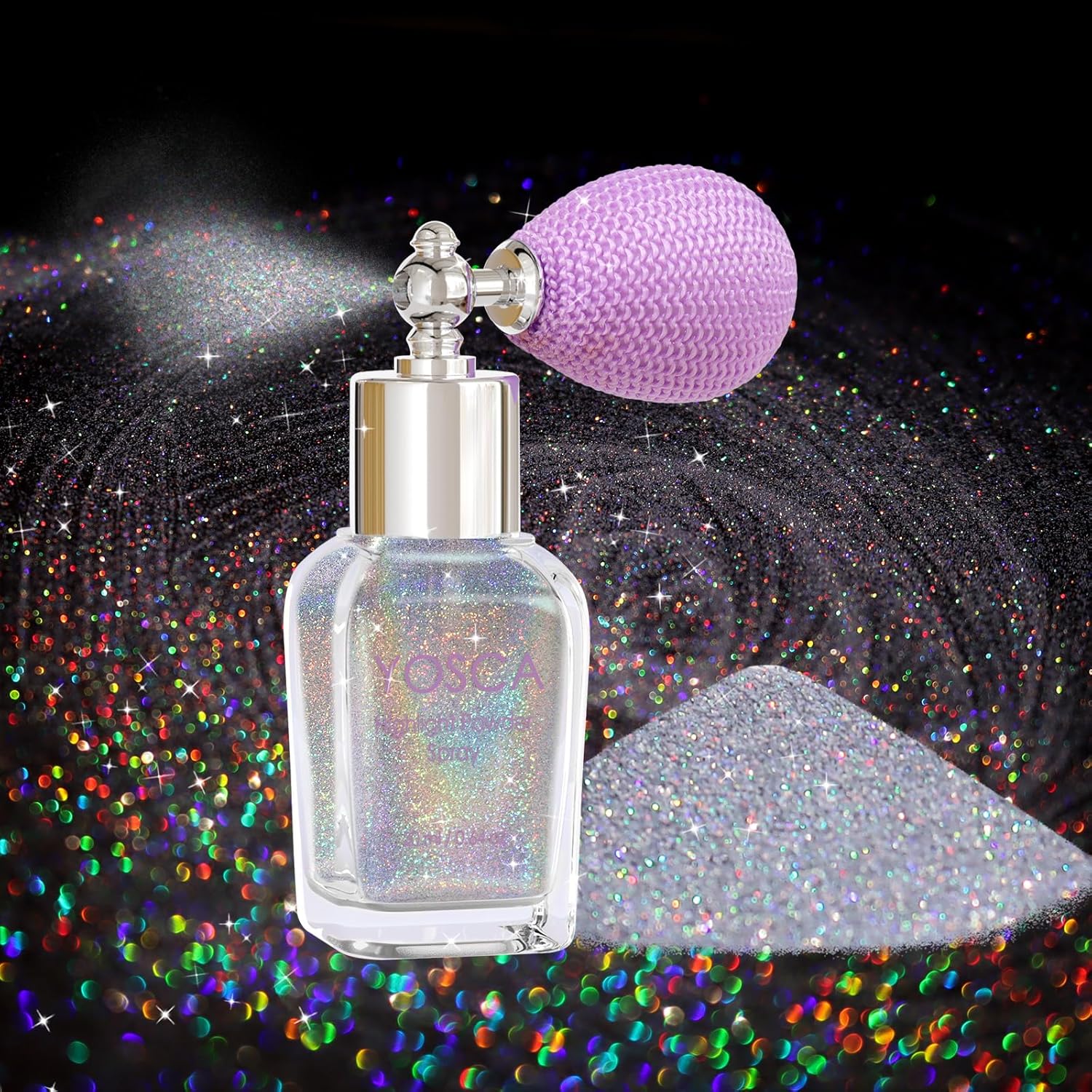 Yosca Body Glitter Spray front view of vintage glass bottle with purple atomizer bulb