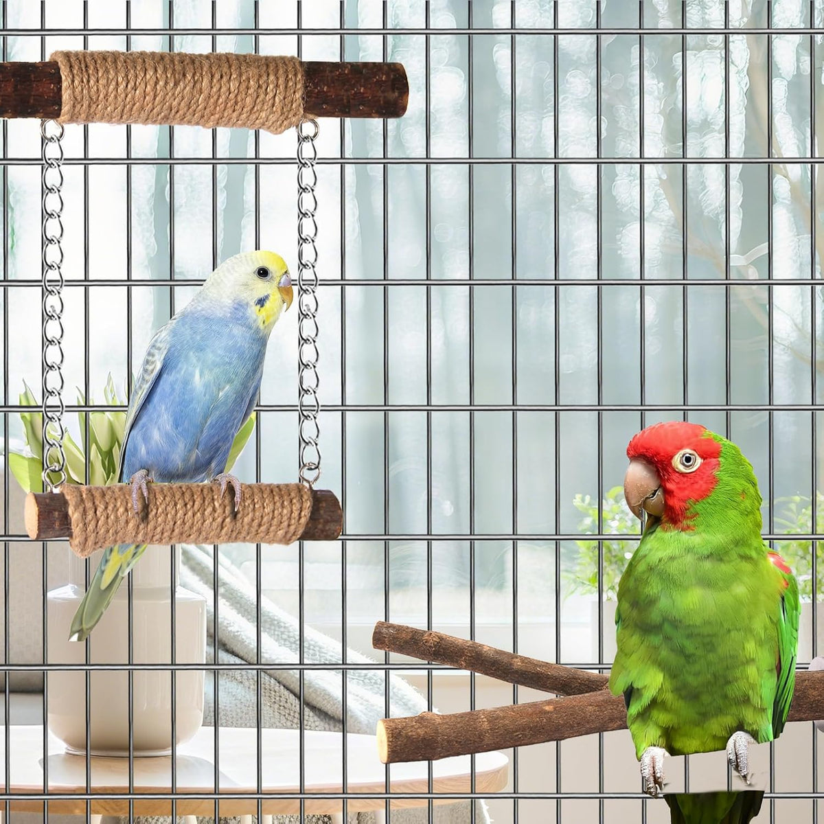 7-Piece Bird Perches for Cage- Wooden Parrot Stand with Fork Toys, Hanging Multi-Branch Platform, Hammock Swing, Gym Playstand & Chewing Toys - for Parakeets, Budgies, Lovebirds - Durable - Image 2