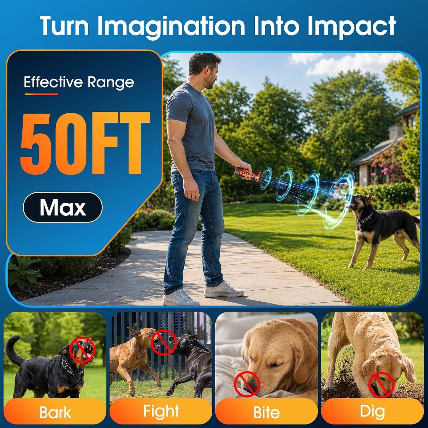 Handheld dog bark deterrent showing the one-touch activation button