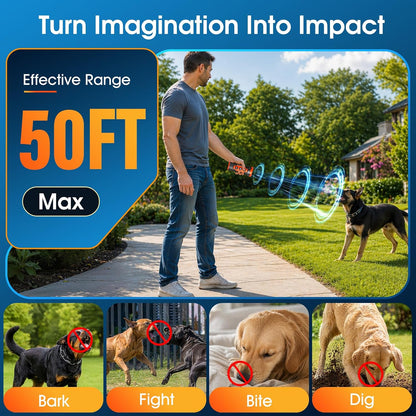 Handheld dog bark deterrent showing the one-touch activation button