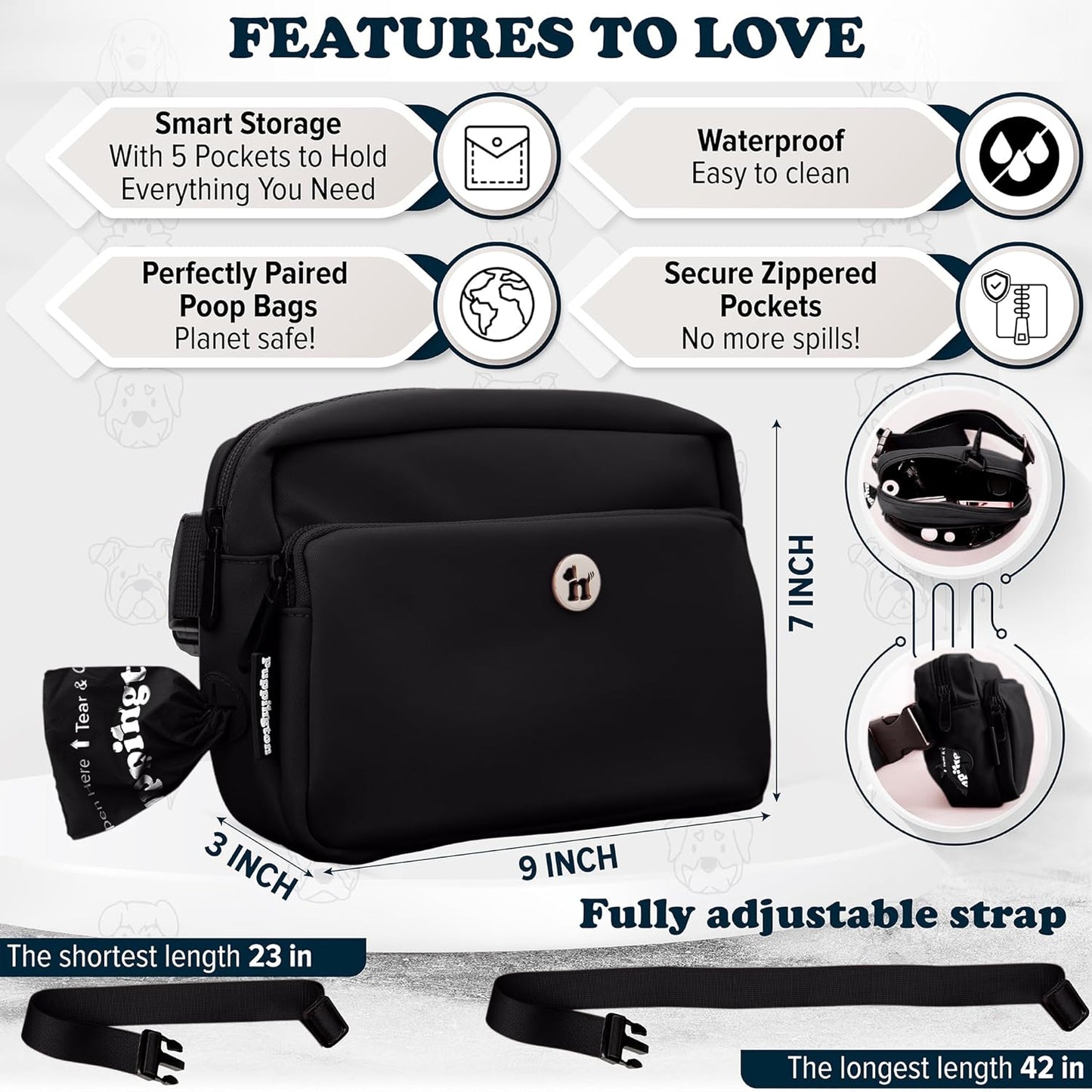 Puppington dog walking bag side view displaying adjustable shoulder strap and premium hardware