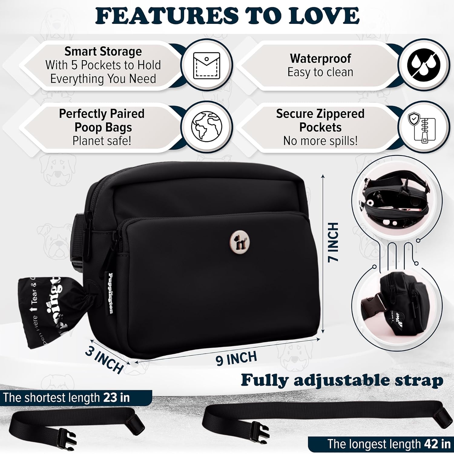 Puppington dog walking bag side view displaying adjustable shoulder strap and premium hardware