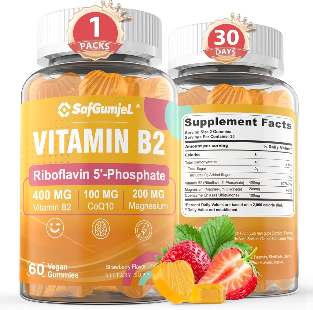SmildeHeal Safgumjel Vitamin B2 Migraine Relief Gummies front view bottle showcasing 400mg Riboflavin with Magnesium and CoQ10