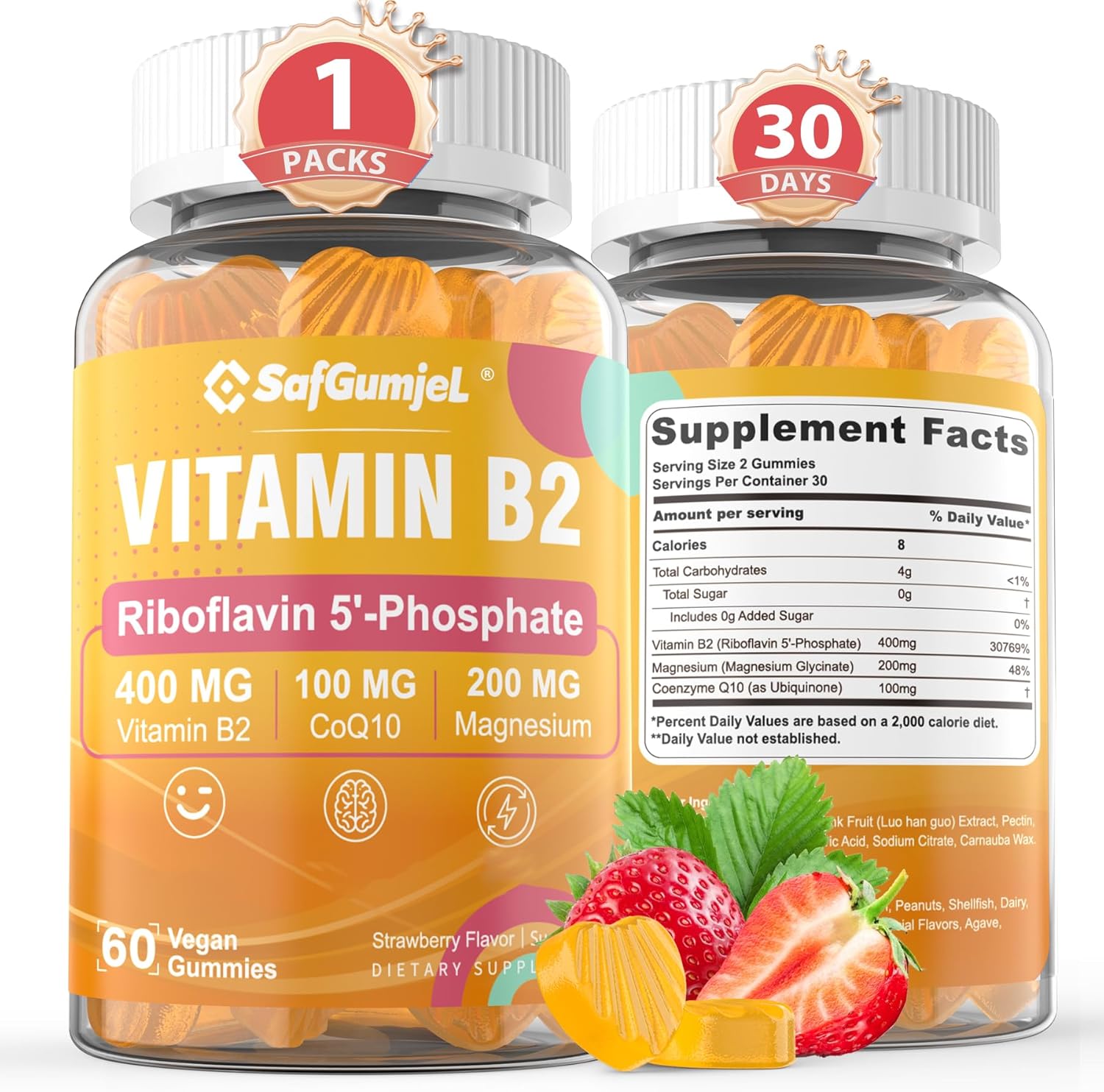 SmildeHeal Safgumjel Vitamin B2 Migraine Relief Gummies front view bottle showcasing 400mg Riboflavin with Magnesium and CoQ10