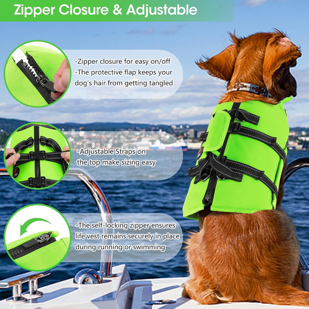 Neon green dog flotation device for boating and swimming