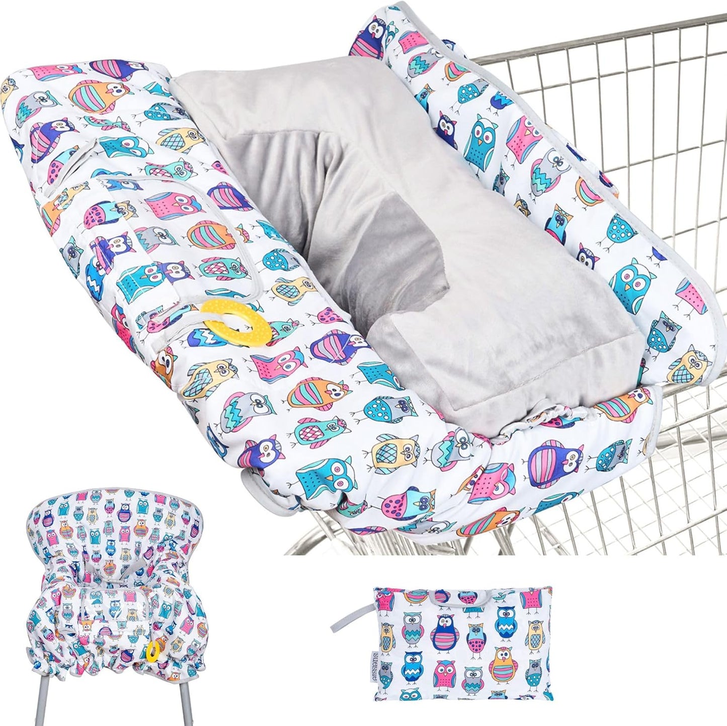 Suessie Shopping Cart Cover and High Chair Cover Owls with Cushion variant front view displaying the plush bolster pillow.